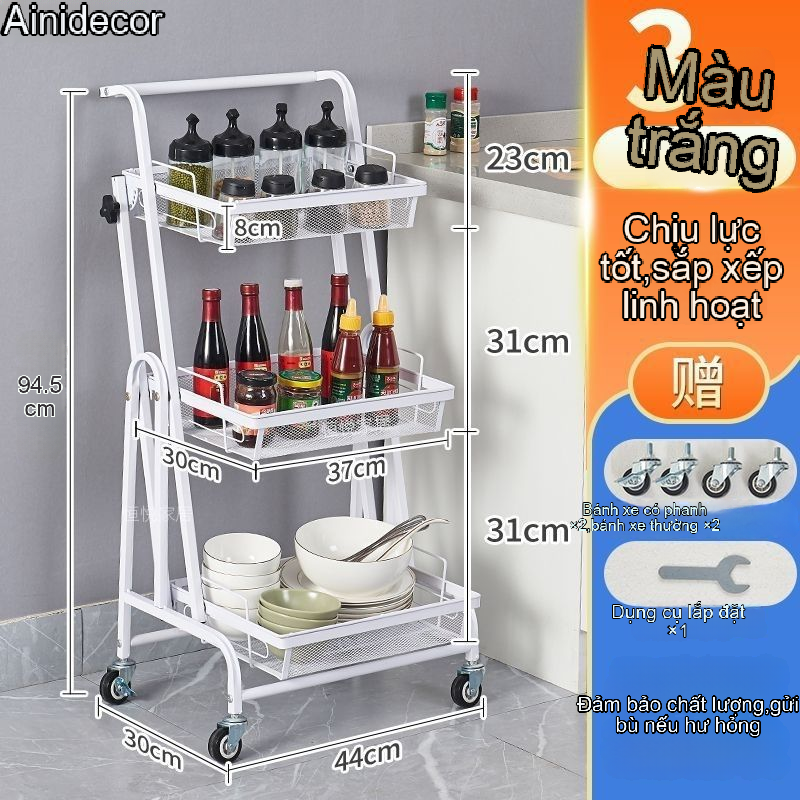 Kệ gấp gọn 3 tầng màu trắng với thông số kỹ thuật chi tiết và quà tặng đi kèm.