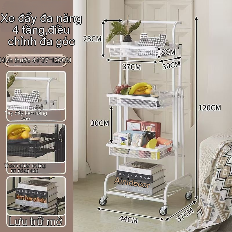 Mẫu kệ gấp gọn 4 tầng màu trắng đa năng, có bánh xe tiện lợi cho gia đình.