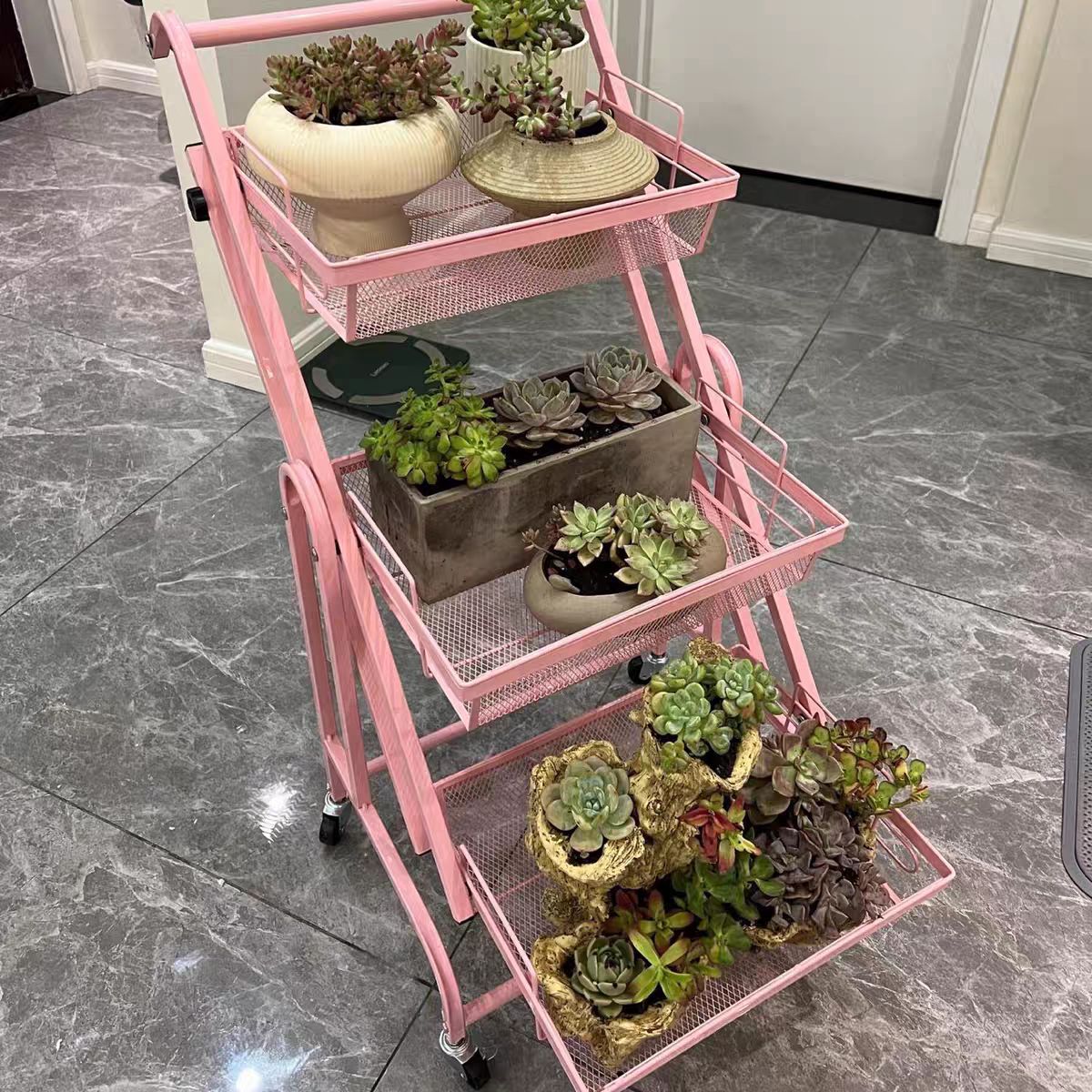 Sử dụng kệ gấp gọn 3 tầng màu hồng làm giá để chậu cây cảnh và sen đá.