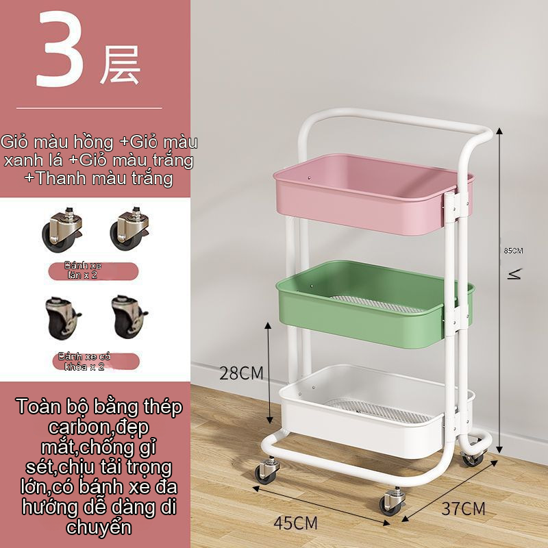 Xe đẩy 3 tầng màu pastel (hồng, xanh, trắng) với khay nhựa và bánh xe có khóa.