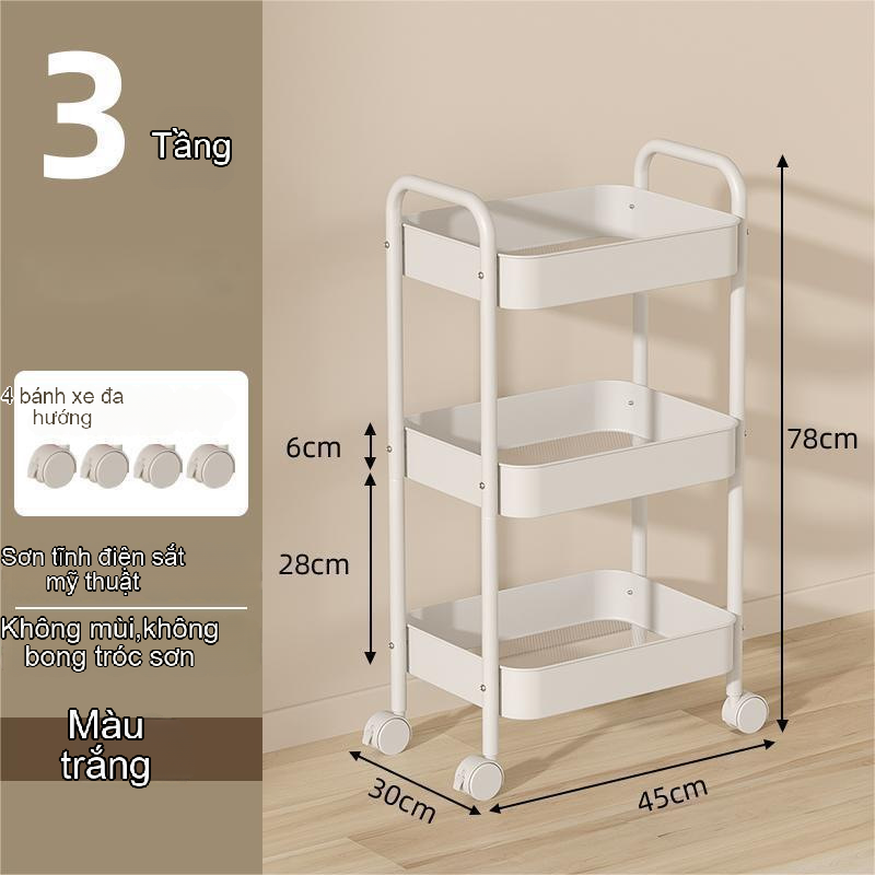 Xe đẩy spa 3 tầng màu trắng với khay nhựa cứng và bánh xe xoay 360 độ.