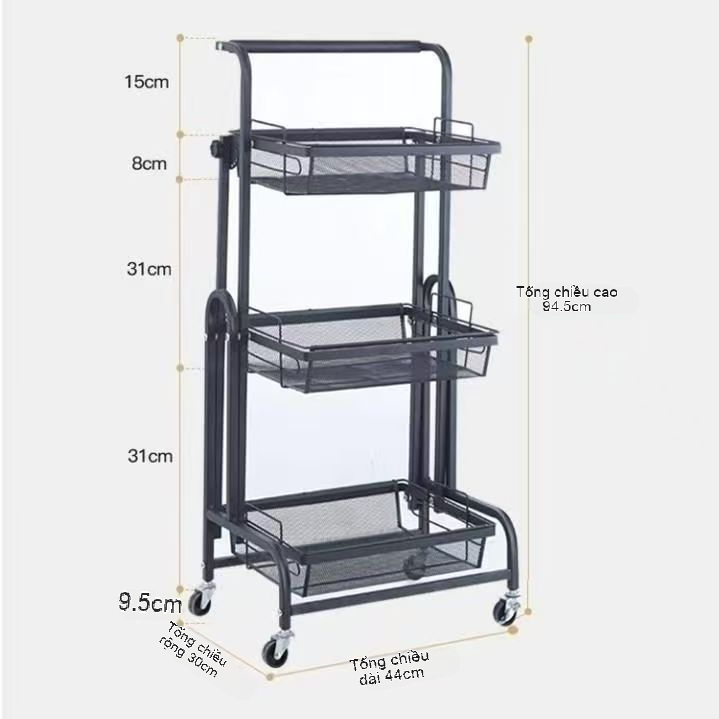 Thông số kích thước chi tiết của kệ gấp gọn 3 tầng có bánh xe màu đen.
