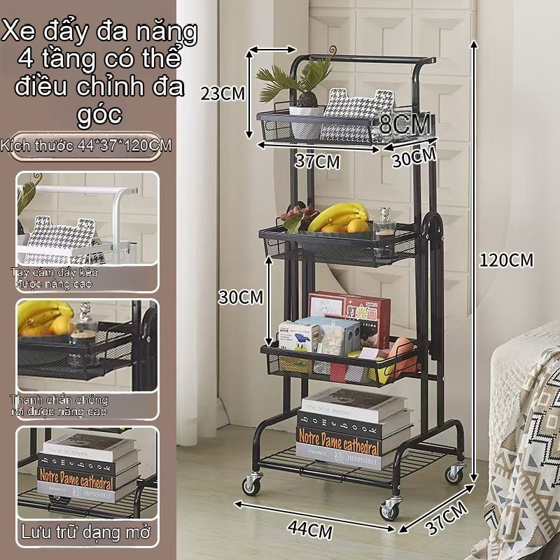 Xe đẩy gấp gọn 4 tầng màu đen có bánh xe.